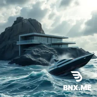 A modern high-tech villa with panoramic windows and clean lines, made of concrete, glass, and metal. It's a really big, modern villa built right up against a cliff, so instead of one wall, it uses the cliff itself. In front of the rock and the villa is the sea, the sea surface is rough, stormy and with large waves, the remains of a yacht are flying in the waves, sunlight shines through the clouds onto the villa. Superrealism. 4K
