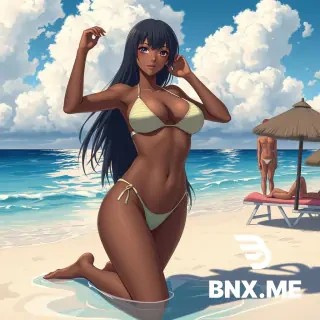 Futanari dark skinned on the beach in bikini anime big boob's big ass giant cock