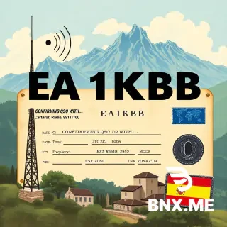 A vintage-style QSL card for amateur radio station EA1KBB, with a prominent and bold call sign dominating the front design. The background is a scenic, painterly landscape of Cantabria, Spain, featuring the dramatic peaks of the Picos de Europa mountains, green valleys, and a traditional stone village.  Include the following ham radio elements integrated naturally into the retro illustration:  Radio waves emitting from a stylized antenna tower or mast silhouette  A QSO data window or information panel on the card (like "CONFIRMING QSO WITH...", date, time, UTC, frequency, mode, RST report) - these are essential QSL card elements   "PSE QSL" and "TNX QSL" text boxes (standard QSL courtesy phrases)   A small radio transceiver or vintage microphone icon  Grid locator or CQ Zone reference (e.g., "CQ Zone: 14")   Subtle propagation lines or world map outlines suggesting long-distance communication  A small Spanish flag patch sewn into the corner or bottom of the card  The image has a retro, not-too-realistic illustration feel, similar to a classic travel poster or a 1970s postcard. Use a red, blue, and black color palette (classic QSL colors) , with warm vintage tones. The style should be hand-drawn illustration quality with charming imperfections typical of amateur QSL designs