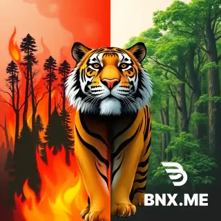 A stylized portrait-oriented depiction where a tiger serves as the dividing line between two contrasting worlds. To the left, fiery reds and oranges dominate as flames consume trees. To the right, a rejuvenated forest flourishes with fresh green foliage. The tiger, depicted with exaggerated and artistic features, stands tall and undeterred, symbolizing nature’s enduring spirit amidst chaos and rebirth.
