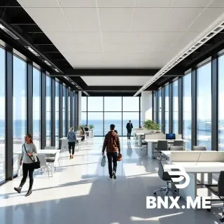 design a coca cola style office corporate workplace with sea side views and people walking in th eoffic