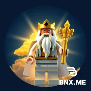 A circular icon for a Lego YouTube channel, square format 1:1. A powerful Lego god figure with a golden crown and a long white beard, holding a glowing magical staff made of Lego bricks. The god is wearing white and gold robes. Behind him is a bright sky with golden clouds and rays of light coming from his body. The background is a dark blue sky. The god is looking forward with a wise and powerful expression. Lego stop-motion style. Epic, majestic, and clean composition. Bright golden and blue colors, 4k quality.