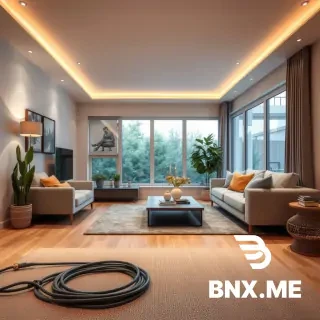 show a very cosy and modern living room showing radiant heating floor cable in the foreground in a beautiful style