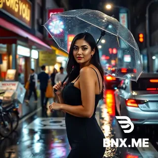 Create a 4K hyper-realistic image of a beautiful, curvy woman on the street, night, rainy weather, people shopping in the market, cars waiting at a red light, rain is visible on the woman's clothes and the street, artificial light, the woman is wearing a black dress, she is also holding an umbrella, the camera angle is wide and all the details of the image are visible, natural skin texture