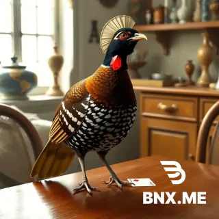 Realistic partridge with bonnet and waistcoat, standing on table in 1880s kitchen, a playing card with only one red diamond on the table beside it, natural bird posture. No humans.