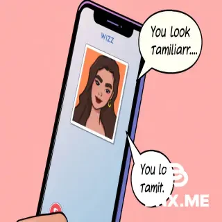 A phone screen showing a dating app called "WIZZ." A profile picture of Kavu — slightly blurry, like a memory Jorge can't quite place. A speech bubble from Jorge (off-screen): "You look really familiar..."