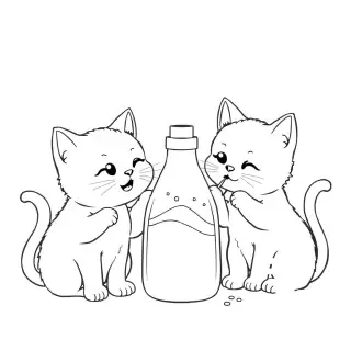 cute cozy kawaii cats, consistent character design, thick clean black outlines, bold and easy coloring book page, white background, black line art only, no grayscale, no shading, simple details, printable coloring page, centered composition, adorable expressions, cozy home atmosphere, Amazon KDP quality, One curious cat sniffing a detergent bottle while another tries to taste the white powder, thinking it's sugar.