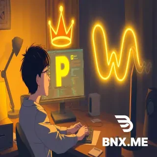 anime cinematic illustration, Makoto Shinkai style, cozy desk at night with desk lamp warm glow, computer monitor showing software interface with big letter P visible, a young man focused typing on keyboard, glowing golden crown shape floating above his head like letter K, W-shaped wave pattern on the wallpaper, creative atmosphere, warm yellow light, detailed workspace, widescreen 16:9 composition