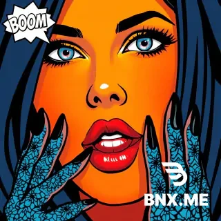 A stylized portrait of a woman's face, partially obscured by a dark, flowing veil on the upper left. The woman's skin is painted with a pop art inspired design, featuring vibrant orange, yellow, blue, and black colors. Large, expressive eyes with light blue iris and intense, dark eyelashes. Full, red lips, slightly parted, suggesting a subtle smile. A "BOOM" word bubble erupts from the upper left side of her face. A hand with intricate blue and white patterns and long, black fingernails is in the bottom part. The style is graphic and bold, reminiscent of comic book illustrations, with strong lines, contrasting colors, and a dynamic composition. The perspective is a close-up, emphasizing the details and the dramatic contrast between the sharp features and the graphic elements. The atmosphere is energetic and glamorous.