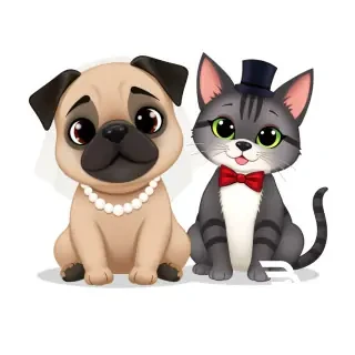 A square wedding invitation card, Disney animated style, isolated on a clean white background. A cute pug dog wearing a white bridal veil and pearl necklace, sitting next to a cute dark grey cat with dark gray stripes, green eyes, white whiskers, black ears and a black back of the head, and a white chest, the cat wearing a black top hat and a red bow tie. Both pets sit side by side, looking happily at the viewer. Simple composition, flat vector illustration, soft shadows, no background elements, plenty of empty white space around them for text overlay. 1:1 aspect ratio.