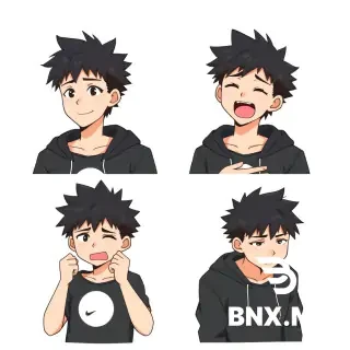 Anime style, moderate, not exaggerated. A 20-year-old young man with a short hedgehog haircut (dark spikey hair). Wearing a black hoodie with a simple white print (e.g. a moon or geometric shape). White background.  The image is divided into 4 equal parts by thin black lines (2x2 grid). Same character from chest up in each part, but different emotions and hand poses:  Top left: calm expression with a gentle smile, relaxed eyes, arms crossed on chest. Top right: laughing hard (wide open mouth, squinted eyes), one hand on stomach, other hand raised in a "stop" gesture. Bottom left: angry (furrowed brows, tight lips), clenched fists raised in front of chest. Bottom right: upset (downturned mouth, sad eyes), arms hanging loosely, shoulders slightly slouched.  Clean lineart, flat cell shading, plain white background, no shadows, no text. 4-in-1 composite image.