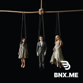 A professional theatrical poster design in vertical portrait format with a 2:3 aspect ratio. The background is completely pure black, creating a dark, minimalist, and haunting atmosphere.  At the top of the frame, a single thick rope stretches horizontally across the width. From this main rope, three separate ropes descend downward in an M-shaped formation. At the exact center point of the horizontal rope, a single tight overhand knot (a granny knot) secures all three descending ropes together before they spread out and hang down in the distinctive M-shape.  From each of these three ropes, a life-sized marionette puppet is suspended by the neck, as if hanged: - Left rope: a female puppet with long dark hair, wearing a tattered vintage dress. - Center rope: a male puppet with short disheveled hair, wearing a worn-out formal suit. - Right rope: a female puppet with long flowing light hair, wearing a torn theatrical gown.  The puppets are completely limp, lifeless, and motionless. Their bodies hang straight down with no tension. Their heads are tilted slightly forward, arms dangling loosely at their sides, feet pointing downward. Their faces are expressionless, with half-closed or empty eyes, creating a sense of stillness and finality.  The overall mood is dark, tragic, eerie, and deeply theatrical. It evokes a sense of melancholy, loss, and surreal drama. It is NOT meant to be gory, bloody, or horror-like—it is poetic, symbolic, and emotionally heavy, like a scene from a dark metaphorical play.  A dramatic single spotlight shines from directly above, casting a focused beam of light that illuminates only the horizontal rope, the central knot, the three hanging ropes in their M-shape, and the three suspended puppets. The rest of the composition, including the bottom area, remains in deep, impenetrable shadow, creating a high-contrast chiaroscuro effect.  The visual style is cinematic, photorealistic, and highly detailed. The texture of the ropes, the folds of the puppets' clothing, the shadows on their faces, and the subtle dust particles in the light beam are all rendered with 8k precision. The poster is designed to evoke a theatrical, symbolic, and emotionally resonant mood, suitable for a dramatic stage production.