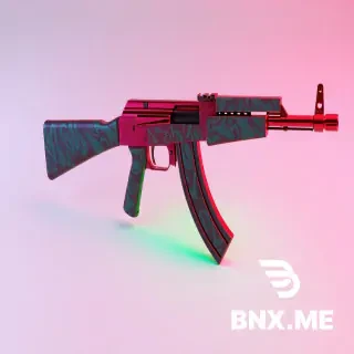 3D model AK-47 placed on a plain background. Bright model with graffiti. Bright red chrome colors. Bright green acid chrome colors.