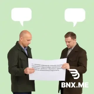 et) and yountrov (dark green jacket) looking down at a contract. On contract visible black text: "1.1. Uchastniki objazujutsja soglasovanno osushchestvljat dejstvija, svjazannye s upravleniem Obshchestva i dejatelnostju Obshchestva, predusmotrennye Dogovorom." Empty white speech bubbles above their heads, completely empty. Background soft mint green.