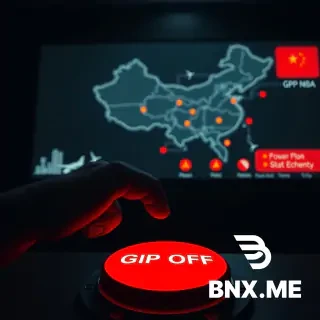 *A cinematic, symbolic shot from a dark control room. A single index finger hovers over a large red button labeled “GPS OFF”. In the background, a glowing night map of China is projected on a screen, with several key infrastructure icons (power plants, airport, stock exchange) turning grey or showing red warning symbols. The lighting is low-key, with the only illumination coming from the screen and a dim overhead spotlight on the button. Moody, tense atmosphere. 4K, photorealistic, movie poster composition.*