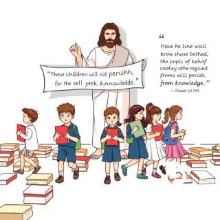 Create images of boys and girls of various ages from 4-16 carrying books  on a path of books with Christ holding a banner behind the students shadowed at 10% on the wall behind the students stretching from the book path to the ceiling the banner that Christ figure is holding is to read “ these children will not perish for they seek knowledge” in right hand corner of the wall should be the passge from the bible that states “ My people will perish from lack of knowledge. The Chriist figure should be place behine the children standing from top of book path to ceiling. The drawing should be scaled to 4.5” x 17” long and should be produced in a vector file for scaling. the children should be dressed in Royal Palm Academy uniforms.