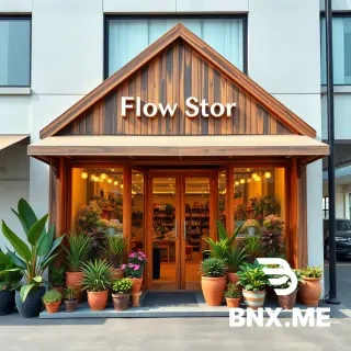 A sophisticated flower shop with boho-style wooden entrance, warm-coloured flowerpots, exotic plants outside, modern building with parking area, bright and airy atmosphere, photorealistic style