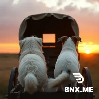 Two dogs from behind on a cart at sunset. White fluffy dog and white dog with brown ears. No humans. 1880s prairie.