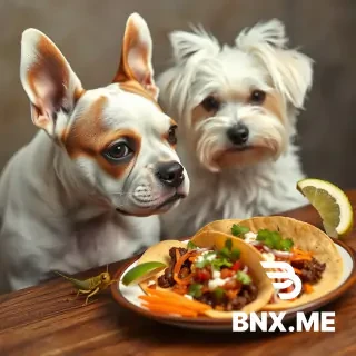 a jck russell terrier dog, all white except for typical brown mask-like pattern n face, and a maletese dog, all white and fluffy, looking at a plater of tacos with a grasshopper looking on