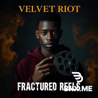 "Cinematic poster. A striking black teenager with dark skin, intense eyes, dramatic shadow on face, wearing a velvet burgundy hoodie. Standing in dim room with gold rim light. Holding a vintage film reel. Deep charcoal background. Gold smoke swirls. Moody, aesthetic, emotional. Text 'VELVET RIOT' in elegant gold serif font at top. Text 'FRACTURED REELS' in rough white grunge font underneath. 16:9 ratio. High detail, cinematic lighting, film grain." With no bnx me
