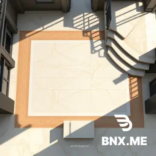 Strictly follow the provided design. Do not overlook any part of the design. Do not change the floor design. Your only role is precise coloring and adding realism. Keep the entrance design especially exactly as it is in the design without any modification. Output at the highest possible quality: maximum resolution, ultra high definition, 8K, sharp details, high fidelity, professional architectural visualization. Photorealistic high-angle top-down architectural 3D render of a small villa floor. Central field in Botticino Classic light cream marble. Border and edging in light honey Emprador. Plain borders mixed between both colors. Entrance feature made from the same materials, adding beauty and definition. Ascending staircase with steps made from the same light Emprador used in the floor, showing realistic shadows and highlights on the steps. Dark gray exterior walls casting shadows onto the floor, giving a high-angle top-view look. Subtle reflections on polished marble flooring for realism. Balconies in Botticino. Luxury classic design, realistic lighting, high detail, no people, no furniture. Bottom center small readable signature text: AYMC Designs 01111553318.