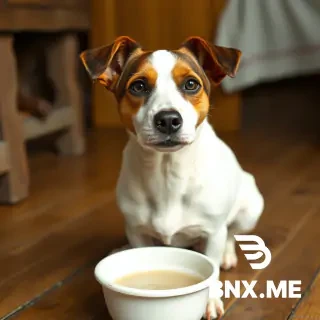 Jack Russell Terrier sitting in front of an empty porridge bowl on a wooden floor, 1880s rural Minnesota kitchen. White body, brown ears that fold over at the tips, brown patches over both eyes with white fur between them. Realistic dog, no humans.