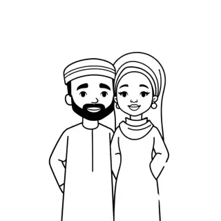 Create a clean minimalist black-and-white 2D vector character illustration for a Sudanese Nubian family restaurant brand.  Show ONLY a married Nubian Sudanese couple standing close together as the restaurant's signature characters.  The husband is a dignified Nubian Sudanese man wearing a traditional clean white Nubian jalabiya and a simple traditional cap. The wife is an elegant Nubian Sudanese woman wearing a traditional Nubian tobe with a simple head covering.  They stand naturally side by side in a warm, loving and welcoming pose, subtly smiling, expressing family, hospitality, warmth and togetherness.  IMPORTANT: Design them as REUSABLE BRAND CHARACTERS, not just a logo. Their facial features, hairstyles, clothing, body proportions and overall visual identity must be very clear and consistent so the EXACT SAME characters can later appear in different restaurant promotional scenes.  Use a highly simplified flat 2D vector illustration with clean geometric shapes, smooth bold outlines, elegant silhouettes and minimal facial details.  STRICT COLOR STYLE: Pure black and white only. Black outlines and solid black shapes on a white or transparent background. No colors, no gray, no gradients, no shadows, no textures.  Professional modern branding style, sophisticated but friendly, culturally authentic Nubian Sudanese appearance.  Full-body characters, centered composition, isolated from each other and the background, clear readable silhouettes, recognizable at very small sizes.  The characters should look like a professional mascot/brand illustration that can later be reused in multiple scenes such as: the husband serving Arabic coffee, the wife smelling a delicious dish, the husband pouring coffee, the wife serving food, both welcoming guests, both sitting together eating, or celebrating together.  Keep the character design SIMPLE, ICONIC and CONSISTENT. Do not create a restaurant. Do not include food. Do not include coffee. Do not include plates. Do not include tables. Do not include buildings. Do not include scenery. Do not include text. Do not include Arabic letters. Do not include a logo frame. Do not include decorative elements. No photorealism. No 3D. No anime. No cartoon exaggeration. No complex details.