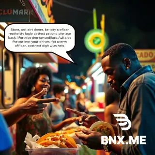 Cinematic photorealistic capture, candid shot, shallow depth of field. At a vibrant nighttime Cinco de Mayo street festival, a man is animatedly giving his friend "the 1,000-yard stare" while gesturing toward a taco truck with one hand and his friend's non-Black girlfriend, who is obliviously ordering, with the other. The speech bubble reads: "Brother, this ain't a relationship; this is a transactional pleasure contract with seasoned fries! Does your long-term Pan-African economic plan involve a quesadilla? No, it does not!" The girlfriend is smiling and smelling the food, completely unaware, while the friend looks down at his tacos, deep in thought, crushed by a cultural verdict delivered over hot sauce.