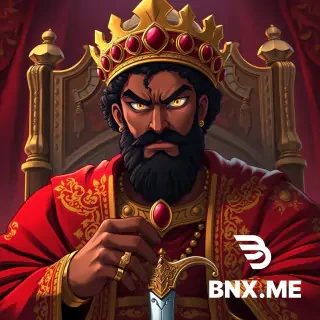 anime character concept art of Abraha Al-Ashram, large muscular Ethiopian king, dark brown skin, square face, strong jaw, short black beard, sharp yellow eyes with arrogant cruel gaze, short curly black hair, large gold Ethiopian crown with red jewels, luxurious red and gold robe with jewel embroidery, gold rings, curved Ethiopian sword at waist, sitting on high throne, looking down with contempt, historical Arabian setting, dramatic lighting with red and gold tones, epic fantasy anime style, 8k resolution, full body portrait, detailed armor and fabric