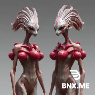 Concept art of an original alien species with an elegant, aesthetic-biological civilization. The beings are slender and frail in build, with soft, slightly wrinkled and lax skin that appears delicate and organic rather than muscular. Their bodies feature subtle fleshy sacs and soft amorphous growths in reddish, violet, and muted iridescent tones that can inflate and change intensity of color, acting as visual communication and emotional display organs.  Their necks and upper torso include layered, flexible folds that can expand like a bellows, suggesting both respiration and expressive function. Their overall physiology emphasizes aesthetic expression over physical strength.  Their heads are highly distinctive: abstract peacock-like cranial structures, not animalistic but organic and elegant, with sweeping ridges and fan-like biological extensions. From these structures grow feather-like hair analogues used for grooming, styling, cutting, and dyeing, functioning as social status markers and personal identity expression.  Their hands are dexterous and strong but slow and deliberate, with elongated articulated fingers suited for precise manipulation of complex mechanical devices rather than rapid motion.  They wear intricate jewelry made of organic pearl-like stones and simple metals (such as gold, silver, aluminum-like materials), used as status symbols, although biological ornaments are considered far more valuable than metallic ones.  Their society is highly aesthetic-driven, where the body itself is a canvas of art, status, and communication.  Style: ultra-detailed sci-fi concept art, realistic textures, cinematic lighting, soft volumetric light, shallow depth of field, highly original alien design, non-humanoid but partially relatable anatomy, elegant and uncanny beauty, 4K detail.  Environment: softly illuminated alien interior space with diffused ambient light highlighting skin textures, color shifts, and organic details.