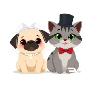 A square wedding invitation card, Disney animated style, isolated on a clean white background. A cute pug dog wearing a white bridal veil and pearl necklace, sitting next to a cute dark grey cat with dark gray stripes, green eyes, white whiskers, black ears and a black back of the head, the cat wearing a black top hat and a red bow tie. Both pets sit side by side, looking happily at the viewer. Simple composition, flat vector illustration, soft shadows, no background elements, plenty of empty white space around them for text overlay. 1:1 aspect ratio.