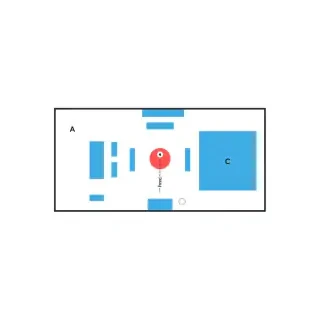 /Imagine prompt: floor plan of a conference center, top view, minimalist architectural drawing, gray and blue color scheme, labeled halls A, B, C, reception, dashed route line from entrance to hall A, "you are here" marker at entrance, "target" marker at hall A, clean lines, sans-serif labels, white background, flat vector illustration, 2D, no shadows, mobile app design, 1:1 aspect ratio --ar 1:1 --style raw --v 6.0