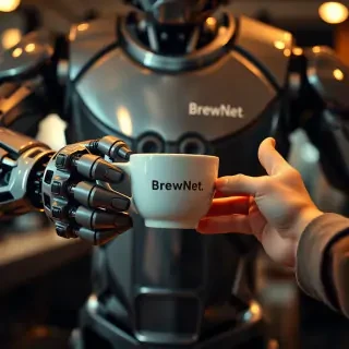 A cinematic, hyper-detailed poster of a futuristic robot barista handing a steaming ceramic cup of coffee to a human customer — extreme close-up on both sets of hands and fingers, showing mechanical articulation and soft, realistic human skin. The robot has a small logo on its chest that reads “BrewNet” in clean sans-serif, warm cinematic rim lighting, shallow depth of field, 8k detail, photorealistic, subtle film grain. Emphasize realistic fingers and correct anatomy, no extra or missing digits, no floating limbs. Include a faint cityscape bokeh in the background.