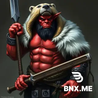 Dungeouns and Dragons, Ultra detalied Dark fantsy stylish art. Red-brown skinned strong skilled barbarian orc with solid face. Bare torso with polar bear cape with hood from head of a bear. Orc is holding a longsowrd with runes on it.