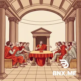 Renaissance-style illustration of a Roman Senate meeting
