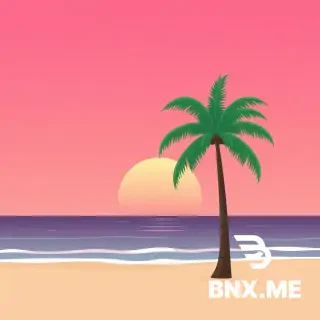 a vector graphic of a beach with pink sunset & a single coconut palm tree