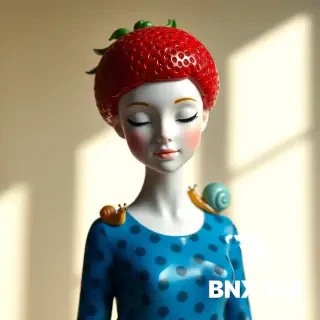 3D porcelain bust with glossy red strawberry crown, geometric blue dress patterned in chessboard and dots, a small snail made of sugar glass on her shoulder, warm daylight studio lighting.