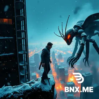 Cinematic book cover art, dark fantasy meets post-apocalyptic Moscow. A lone man stands on the edge of a destroyed skyscraper office (47th floor) at night, bracing against a fierce blizzard. He is battered and bloody, but determined. In front of him, a massive menacing figure in a black chitinous exoskeleton (like an insect knight) with a glowing narrow visor for an eye slit. The burning city of Moscow stretches below them, a mix of dark blackouts and glowing orange fires. Snow flies horizontally like a sandblaster. Embers and ash swirl in the wind. At the top of the image, the book title in bold, distressed Russian font: «НУЛЕВОЙ УРОВЕНЬ: СПИРАЛЬ», all capital letters, clean and readable, with a slight neon cyan or cold orange glow, placed on dark sky area. Style: gritty, hyper-detailed, dramatic rim lighting from the fire, cold blue tones contrasting with hot orange embers. Vibe: a tense standoff before a final boss fight. --ar 2:3 --stylize 250 --v 6.0