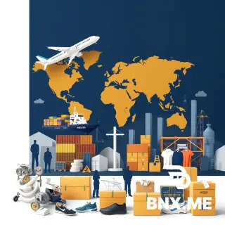 Professional corporate banner, 1440x400 px, aspect ratio 18:5, ultra-realistic, high-end supply chain and export company. Theme: global trade, sourcing, logistics. Visual elements: shipping containers, cargo ship, airplane, world map, rolls of fabric, clothing silhouettes, shoes, boxes, warehouse. Color scheme: navy blue, gold, white. Clean, modern, minimalist, premium corporate style. Left side empty space for logo, right side empty space for contact info. No text, no letters, no watermark, no signature, sharp, 8K, realistic lighting, wide banner.