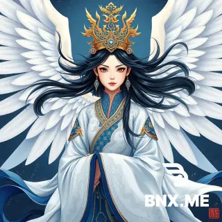 Epic‑level national‑chao new‑Chinese‑style illustration, theme of Jingwei from Shan Hai Jing (Classic of Mountains and Seas). At the center of the frame stands Jingwei, an oriental demigoddess. She has a young‑girl visage with exquisite oriental facial features, gentle yet resolute eyes, fair cool‑toned skin, and refined eye makeup. Her long jet‑black hair flies wildly in the wind with abundant, layered fine strands. She wears an ornate hollow‑out golden phoenix‑pattern crown inlaid with tiny sapphire‑blue gemstones. Behind her unfurls a pair of enormous, majestic pure‑white divine bird wings; every feather is distinctly rendered with gilded trim along the edges, and the wings stretch wide open toward both sides of the composition.  The goddess wears an elaborate ancient‑Chinese wide‑sleeve long gown dominated by deep cobalt blue, cerulean and moon‑white with fluid large‑scale color gradients. Robes and hems billow wildly in gales and ocean waves with lifelike fabric folds. The costume is covered in intricate interlacing cloud motifs all outlined in hot‑stamped gilding with metallic golden luster; sections of the skirt are translucent and sheer. Stretching forward with her right hand, the goddess holds a round, translucent crimson divine stone etched with flowing golden light patterns.  Beneath her and across the background surges a colossal swirling vortex of teal‑blue seawater. Giant circling billows coil and spiral with abundant foam and mist. Ocean waves adopt traditional Chinese scroll‑grass water patterns, every wave crest outlined in gilded lines. In the distance stand several steep, stern gray‑green jagged mountain peaks accented by golden ornamentation within rock crevices. Wispy mist drifts high above beneath a deep indigo night sky dotted with faint starlight.  The overall background base is profound jet‑black, which maximizes visual contrast for hues of blue, white, gilded gold and crimson. Luxurious visual tension is achieved with abundant golden lines, hot‑stamped foil texture and fine sparkling gold‑leaf particles. Ornate traditional Chinese decorative patterns permeate the whole artwork. It delivers grand narrative atmosphere with solemn, romantic mythological sentiment. Cinematic soft lighting and volumetric shading create rich depth. Exquisite ultra‑high detail is applied to hair strands, feathers, garment creases and wave textures. 8K ultra‑high‑definition resolution with sophisticated color saturation. No cartoon or anime stylization; reject flat graphic style. Heavy‑paint illustration, digital Chinese‑style painting.