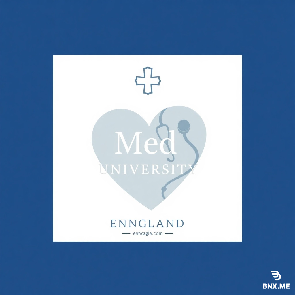 A very elegant and minimalist medical poster design. White and deep blue color scheme. At the top center, a small decorative medical cross or logo. Below it, the word "Med" in a modern serif font. Under that, "University" in a clean sans-serif font. The background features a soft, faded, artistic silhouette of a human heart and stethoscope. At the bottom, there is a subtle decorative line and the text "ENNGLAND" and a small web address. The overall style is luxury, clean, high-end, suitable for a prestigious medical university poster. 4k resolution, sharp focus, professional typography.