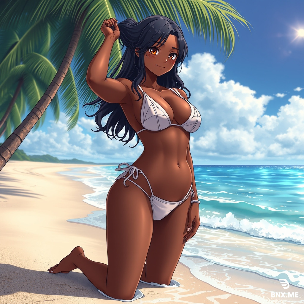Futanari dark skinned on the beach in bikini anime big boob's big ass giant cock