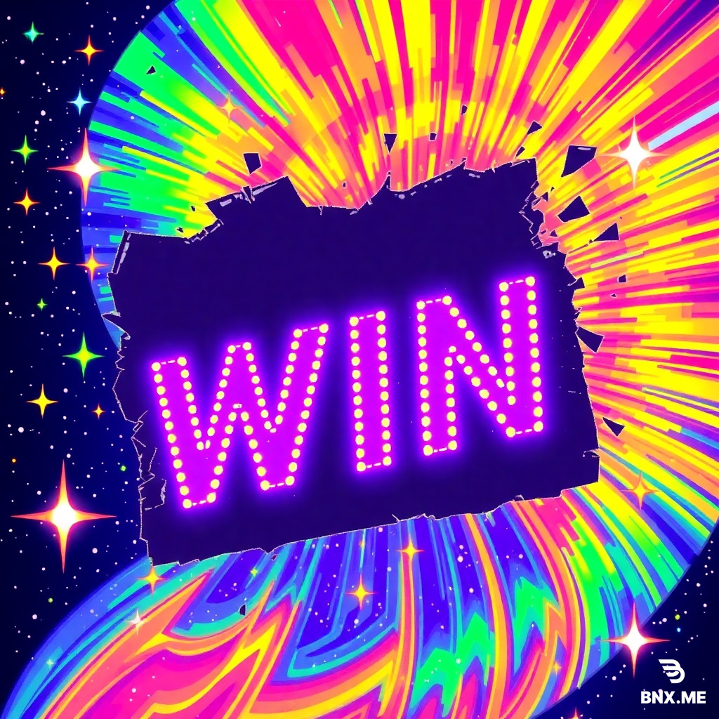 A highly stylized pixel art scratch card in the surreal, psychedelic style of Balatro meets “刮个爽”. The card's scratch-off foil is shattered, revealing a swirling vortex of rainbow pixels and a giant glowing pixel "WIN" text. Cosmic background with pixel stars, deep neon colors, intricate pixel details, game cover art quality