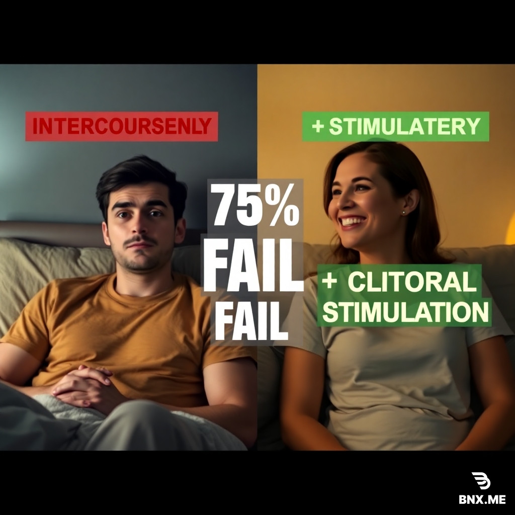 *Split screen 9:16 aspect ratio. Left side: an American couple (man and woman, both early 30s, Caucasian, dark hair) sitting in bed looking confused and disappointed, dim cool lighting. Red text overlay: "INTERCOURSE ONLY ❌". Right side: the same couple now smiling warmly at each other with soft warm golden lighting, looking happy and connected. Green text overlay: "+ CLITORAL STIMULATION ✅". Bold white text centered vertically between both sides: "75% FAIL". Modest clothing (t-shirts or pajamas), photorealistic, no nudity, educational tone.*