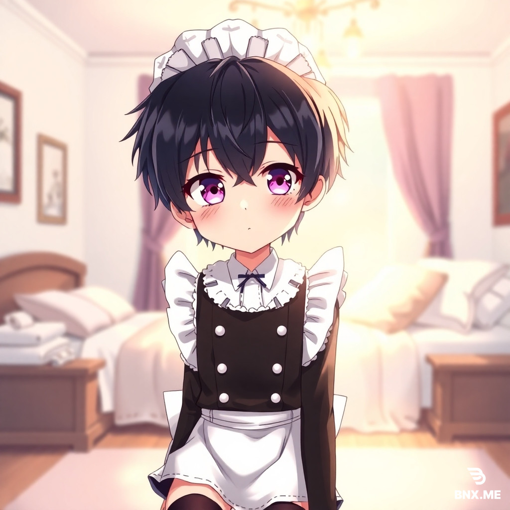 Anime style cute androgynous boy with short black hair and purple eyes, wearing a black and white maid outfit, thigh-high stockings, soft lighting, cozy bedroom background, detailed anime illustration, high quality, 4k, soft shadows