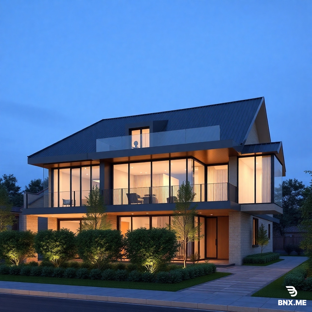 🏗️ Описание фасада для генерации (реалистичный рендер):  Современное здание с полностью стеклянным фасадом. 	•	Размеры: высота 370 см, длина 580 см, глубина 1100 см. 	•	Профиль: тёмно-серый алюминий (матовый, узкий). 	•	Фасад: полностью из прозрачных стеклопакетов от пола до потолка, равномерное деление алюминиевыми стойками. 	•	Дверь: двухстворчатая стеклянная дверь размером 240×180 см, с алюминиевым профилем того же цвета, расположена с отступом 80 см от левого края фасада. 	•	Левая и правая внутренние стены (по глубине): глухие, белые, без окон. 	•	Освещение: дневное, мягкое, чтобы чётко видно отражения и структуру фасада. 	•	Вид: строго спереди, фасад во весь кадр, пропорции сохранены.