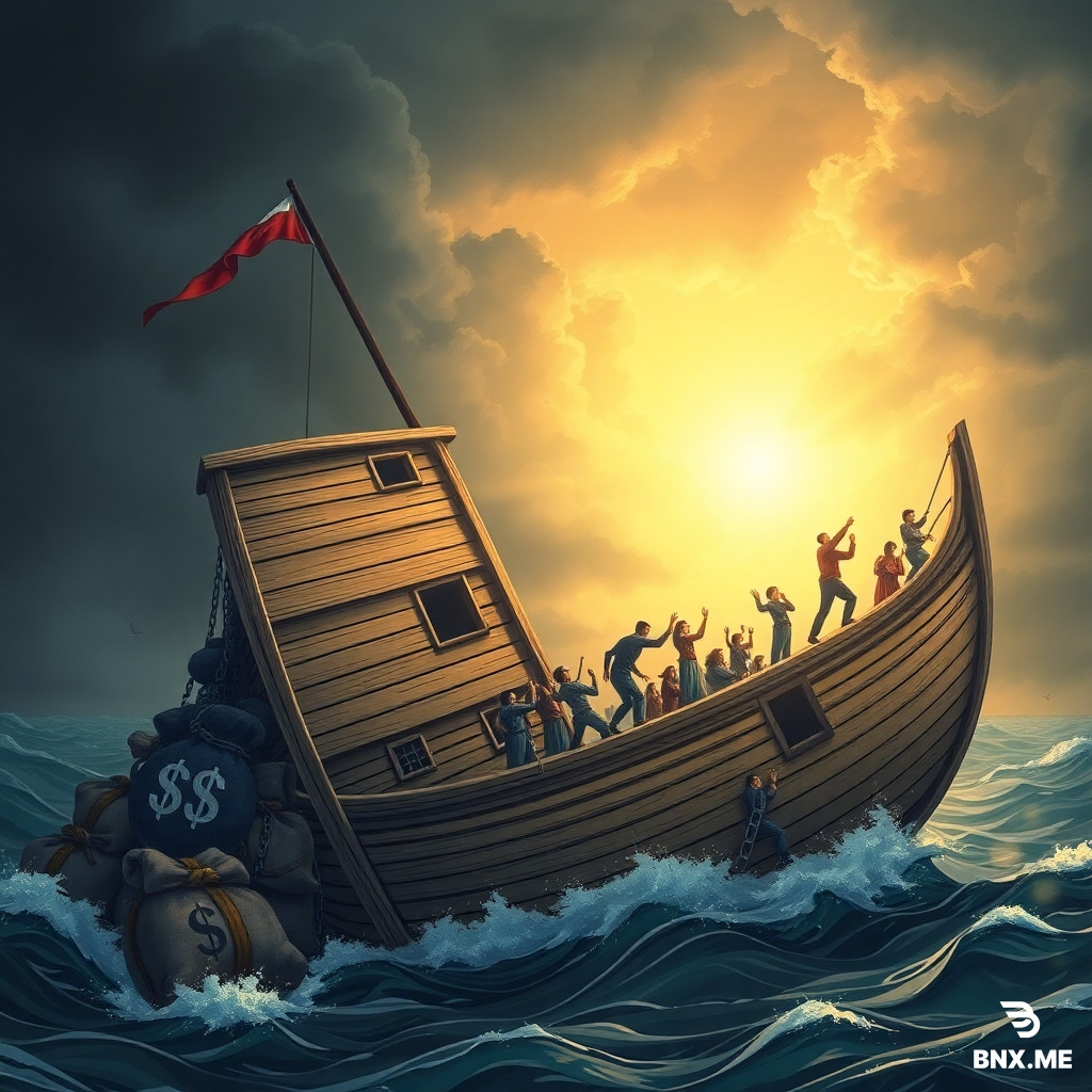 A dramatic, cinematic illustration of a large wooden lifeboat on a stormy sea, tilting dangerously to one side. The boat is heavily weighed down on the left, with dark, heavy objects like money bags, chains, and corporate logos sliding down the deck toward that side. A diverse group of people are struggling and pushing against the tilt, trying to climb to the higher, lighter right side of the boat. On the right side, a few people have reached a higher point and are reaching down to help pull others up, their hands glowing with a warm, soft light. The sky is dark and stormy on the left, but a bright, golden light is breaking through the clouds on the right. The mood is one of struggle, hope, and the urgent need for collective action.
