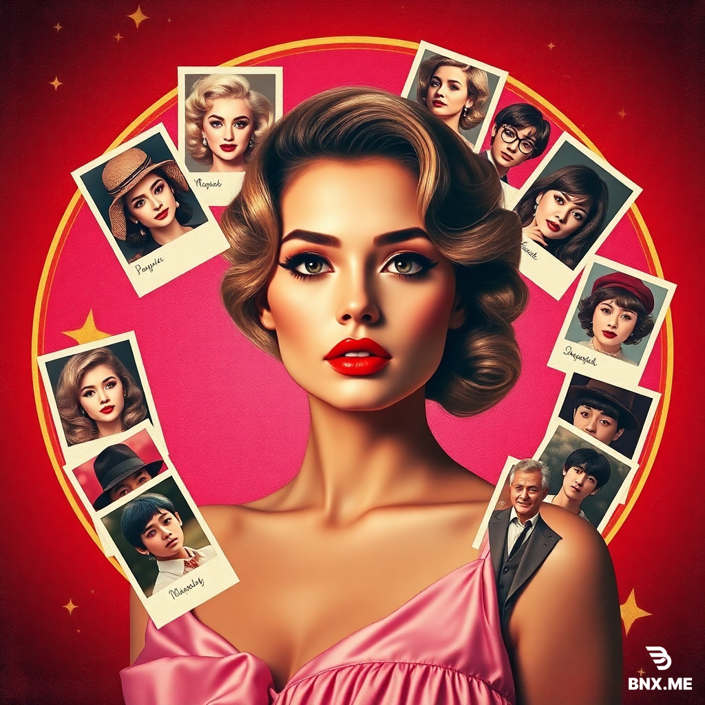 A highly detailed pop-art style digital collage portrait featuring a beautiful woman in the center, surrounded by a grid of iconic celebrities and characters as floating Polaroid-style photos or vintage stickers around her. The main figure has a soft glamorous 1960s-inspired makeup and hairstyle, wearing a satin babydoll dress, with a dreamy and nostalgic expression. Around her, the following faces appear in a circular composition: Mia Plais (YouTube influencer), Marilyn Monroe, Audrey Hepburn, Googoosh (Iranian legendary singer), Ansharley (influencer), Hermione Granger from Harry Potter (Emma Watson), Taehyung and Jungkook from BTS, Johnny Depp, Hayedeh (Iranian singer), and Vengoek (stylized as a fashionable character). The background is a mix of deep red, gold, and soft pink with retro typography and decorative stars. The image has grainy texture, neon glow effects, and vintage film frame borders. Style: nostalgic pop-art, retro glamour, mixed media, high contrast, cinematic lighting, 8k resolution, soft lens flare, dreamy atmosphere.