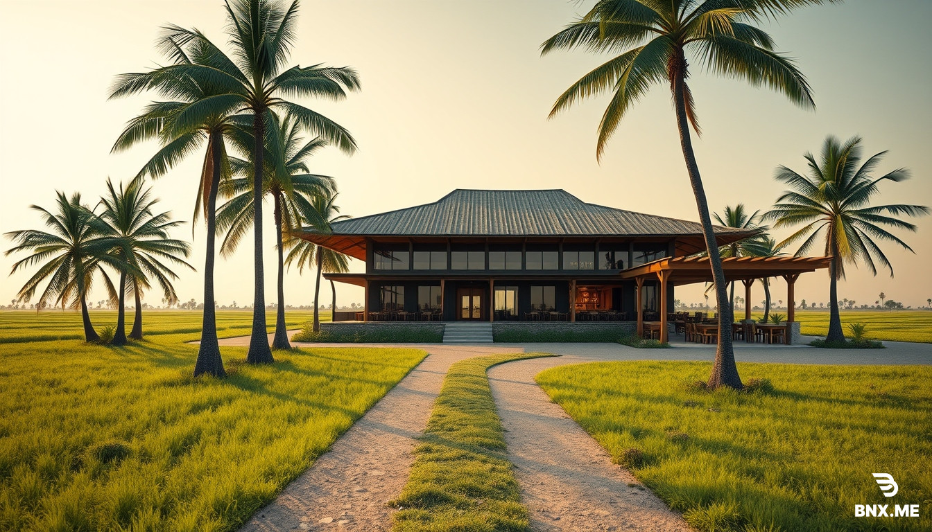 Architectural photography of a two-story rural restaurant in Camagüey, Cuba, surrounded by flat endless countryside and green grass. A long dirt path lined with tall royal palms on both sides leads toward the building on the right. The restaurant features a dramatic hyperbolic paraboloid roof, saddle shape with two corners high and two corners low, floating above the entire structure, supported by thick natural stone pilotis that do not touch the building volume, creating a deep shaded porch around it. Ground floor: solid rectangular base in natural stone, wood and guano thatch lattice. Second floor: lightweight wooden box with large glass windows overlooking the countryside, dining tables and a long bar visible inside. Beside the building, a wooden pergola with a barbecue grill area and rustic outdoor tables. Loose gravel parking with grass, scattered stones and tropical shrubs. Warm late afternoon golden hour light, long shadows, wide angle lens, professional architectural render, photorealistic, ultra detailed, 8k