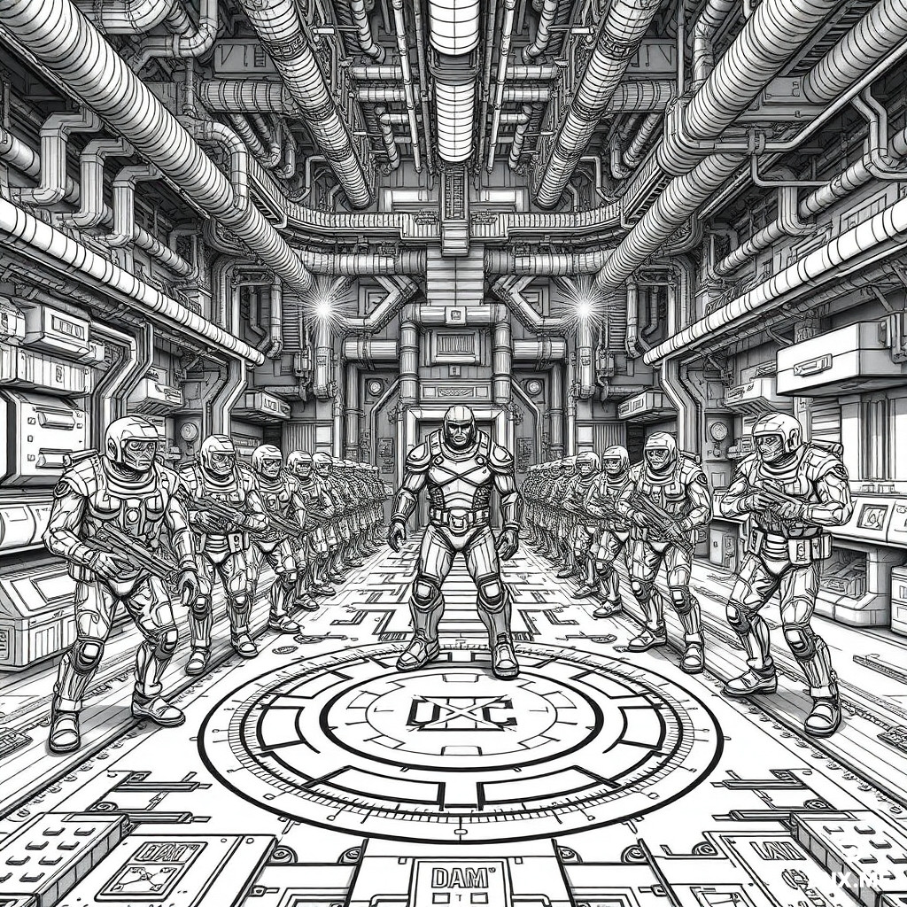 Create a HIGH-COMPLEXITY, INTRICATE coloring book page based on the game DOOM (1993) in US Letter format (8.5" x 11") with a 0.125-inch bleed (full bleed).  **Level:** E1M1 - Hangar  **Scene:** A massive, sprawling UAC space hangar on the Martian moon. The space marine hero stands in the center, surrounded by complex mechanical girders, pipeline networks, and control panels covered in tiny switches, buttons, and dials. A squad of 4-5 Zombiemen advances toward him, their armor covered in repeating rivet patterns and tech-grid textures. The hangar floor features a large, geometric UAC logo with concentric ring patterns. The background is filled with layered structures: catwalks, crane arms, suspended cargo containers, and ventilation grates. Emergency strobe lights flash with intricate ray patterns.  **Enemy Details:** - Zombiemen: detailed military gear with panel lines, buckle patterns, and helmet visor grids - Each zombie has a unique uniform texture (one with cross-hatch camouflage, one with dotted fabric, one with striped armor plates) - Weapons feature intricate sight grooves, barrel ridges, and ammo-belt details  **Environmental Details:** - Ceiling: dense network of pipes with spiral joints, cable bundles with wire textures, and support beams with rivet rows - Walls: layered metal panels with screw details, warning stripes, and radiation trefoil symbols - Floor: interlocking diamond-plate tiles with grip-texture patterns - Background: stacked cargo crates with wood-grain or metal-rib textures, medkits with cross-hatched red cross areas (outlined, not filled)  **Composition:** - Slightly elevated worm's-eye perspective emphasizing the scale of the hangar - Hero positioned slightly left of center, creating asymmetrical balance - Depth of field: foreground (hero), midground (Zombiemen), background (hangar architecture) - Negative space minimized – every area filled with pattern or structural detail  **Art Style:** - Black and white line art ONLY – black outlines on white background - INTENSE DETAIL: fine lines (1 pt) for patterns, medium lines (2 pt) for secondary elements, thick lines (4 pt) for outer contours - No shading – use line density and pattern complexity for visual interest - Cross-hatching-inspired textures (grids, dots, zigzags, spirals, concentric circles) - Mandala-like tech patterns on control panels and floor designs - Stippling (dot work) for certain textures (grit, sand, rust) - All lines must be continuous, clean, without breaks  **Complexity Requirements:** - Minimum 15 different pattern types used throughout the page - At least 5 distinct texture zones (floor, walls, ceiling, enemies, hero) - Each enemy has at least 3 different pattern areas on their body - Control panels must have at least 20 individual button/dial details - The UAC logo must contain at least 5 concentric ring layers  **Format Requirements:** - US Letter portrait (8.5" x 11") with 0.125" bleed on all sides - Safe area: 8.25" x 10.75" – all important content within this zone - No text, captions, or frames – only the illustration - Ready for Amazon KDP printing  Generate a complete, highly detailed, print-ready coloring book page meeting ALL the above specifications. This is for advanced colorists aged 13-15.